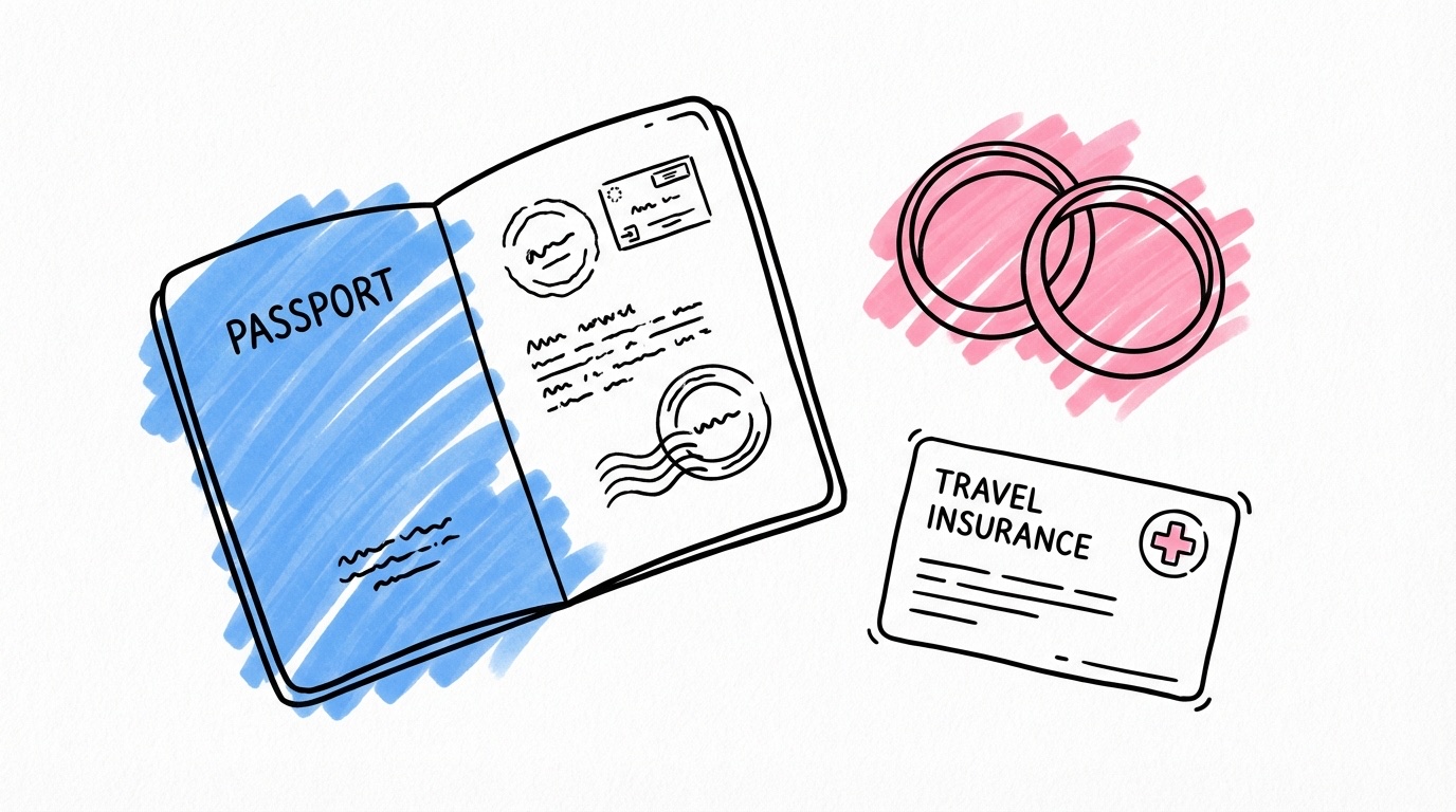 Flat-lay med pass, ringar, försäkringskort och förstahjälpensymbol