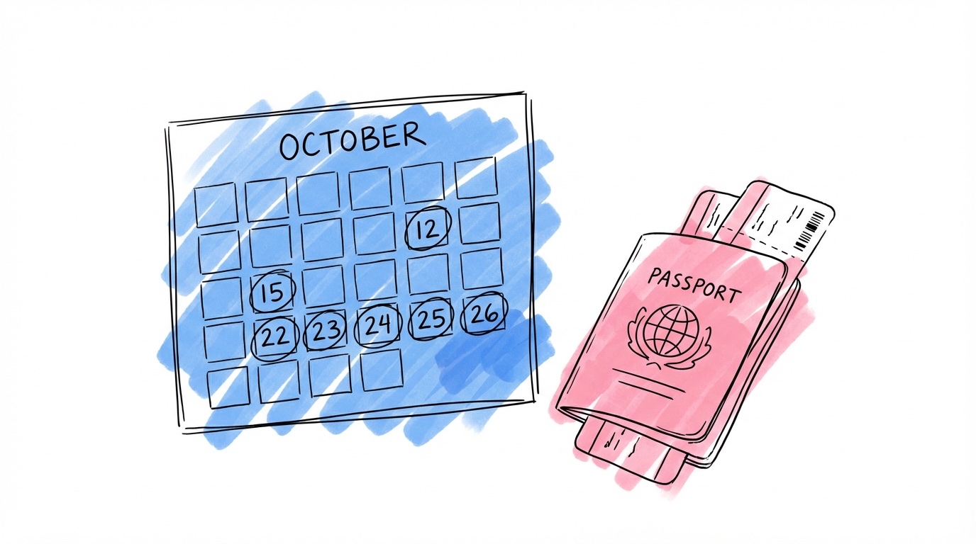 Väggkalender med markerade milstolpar, pass och boardingkort