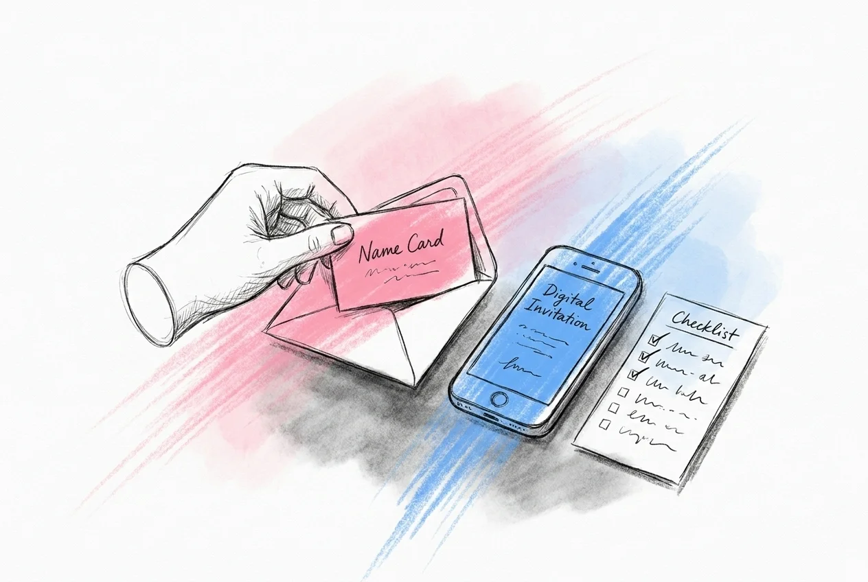 En hand som flyttar ett namnkort från en reservgrupp till en aktiv inbjudan och skickar en digital inbjudan från en telefon, med en checklista bredvid