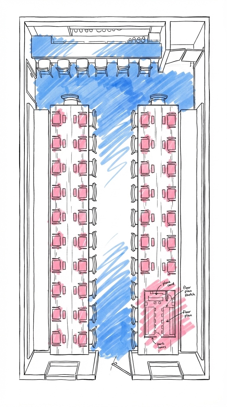 Fågelperspektiv av ett smalt rektangulärt rum med långbord i parallella rader, placeringskort och en bar i ena änden