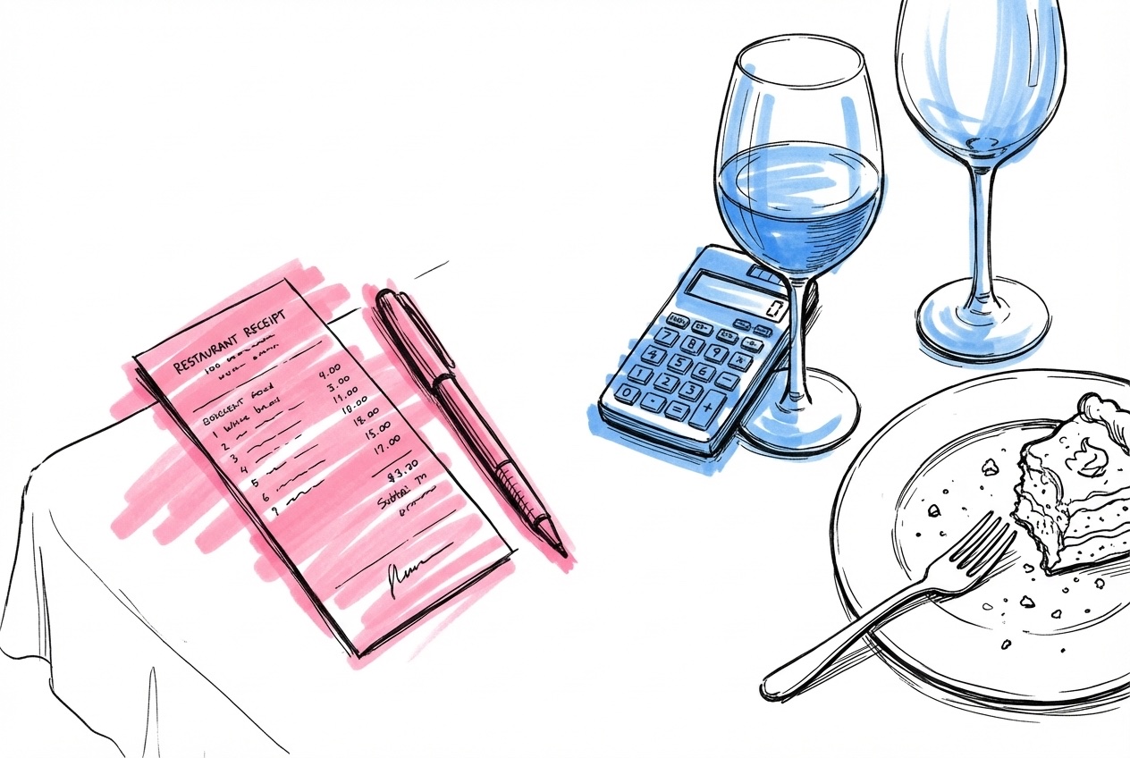 Kvitto liggande på ett restaurangbord bredvid en penna och en kalkylator, med vinglas och dessert i bakgrunden