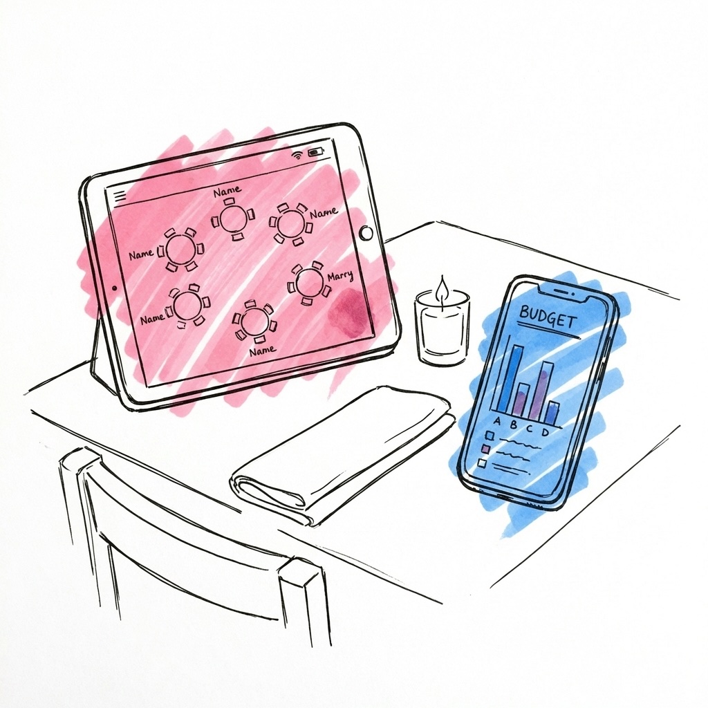 Surfplatta med en bordsplaceringsplan bredvid en telefon som visar en budgetöversikt, på ett restaurangbord med en ljusstake