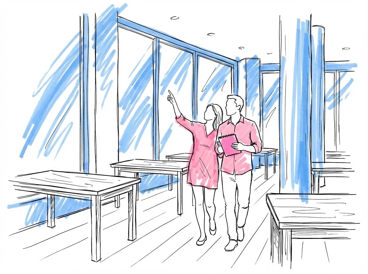 Par som går genom en tom restaurangsal och pekar på tak och väggar medan en av dem håller ett anteckningsblock