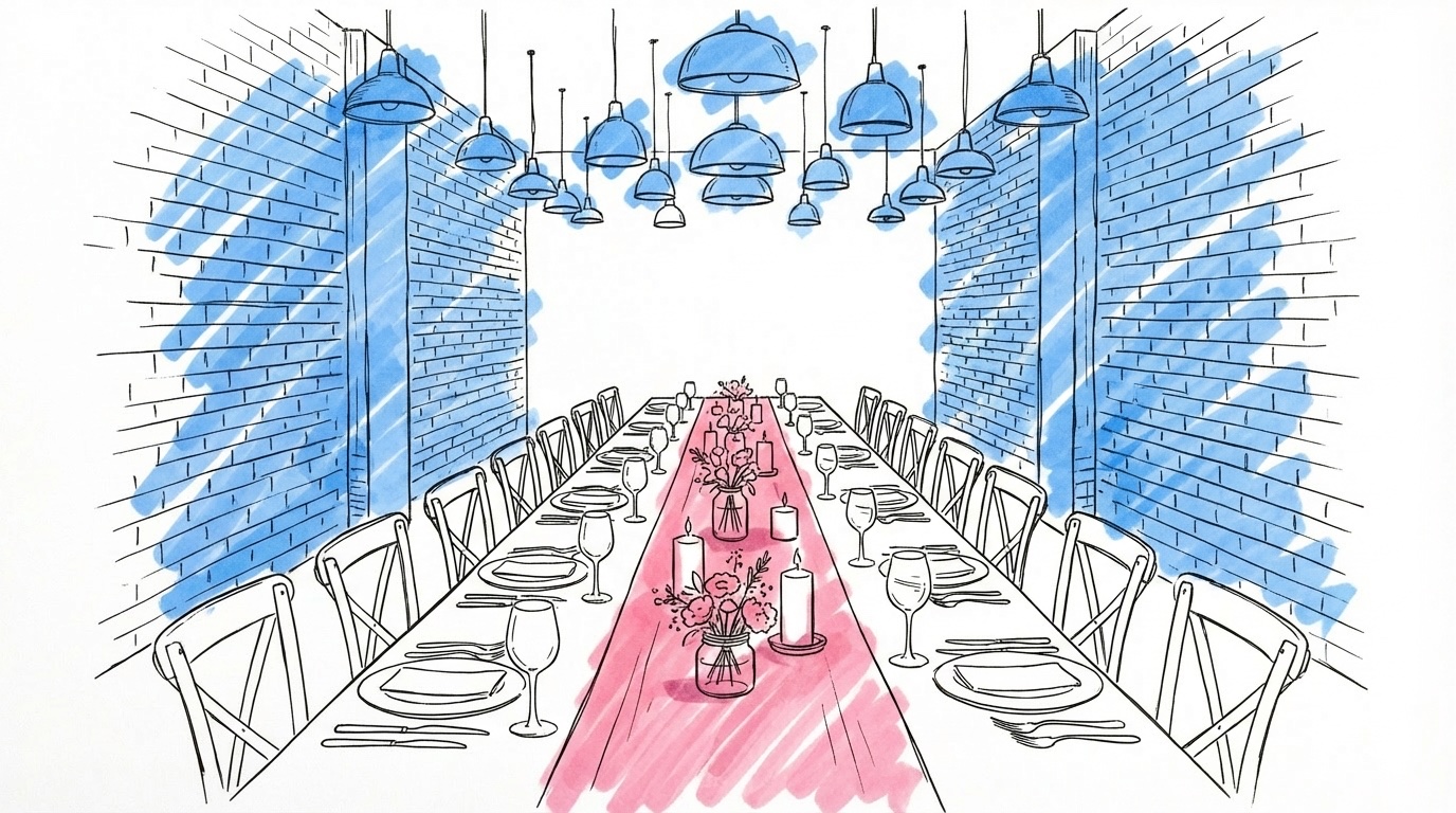Långbord dukat för bröllopsmiddag i en elegant restaurang med tegelväggar, pendellampor och ljus, i Lovios rosa och blå illustrationsstil