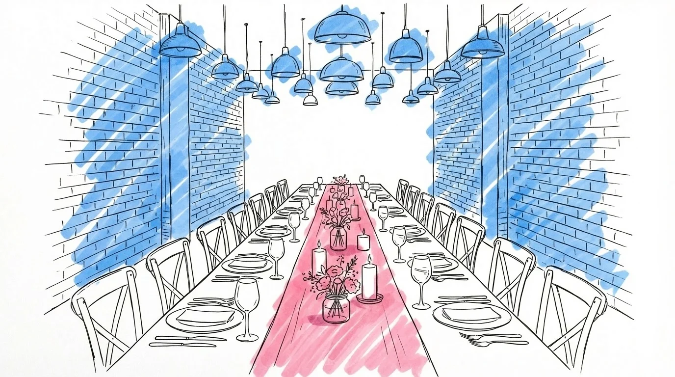 Långbord dukat för bröllopsmiddag i en elegant restaurang med tegelväggar, pendellampor och ljus, i Lovios rosa och blå illustrationsstil