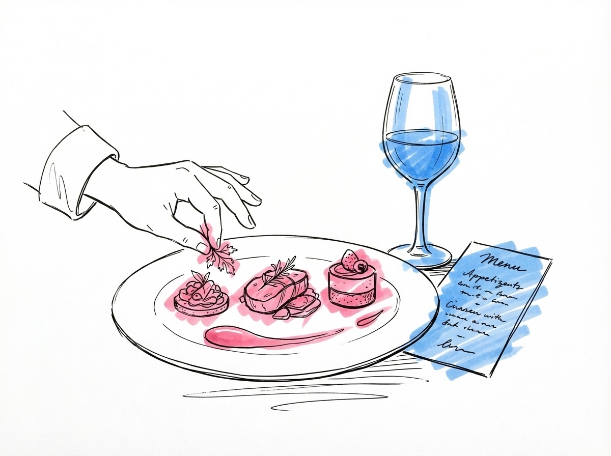 Vackert upplagd trerättersrätt på en vit tallrik omgiven av vinglas och en liten menynotis, en kocks hand som lägger garnityr