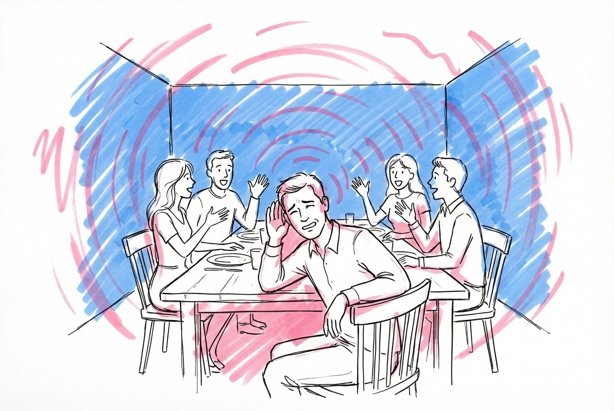 Person som kupar örat och lutar sig fram vid ett bullrigt restaurangbord med andra gäster som pratar animerat