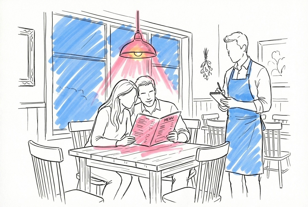 Par som sitter vid ett restaurangbord och granskar en meny tillsammans medan en servitör står bredvid