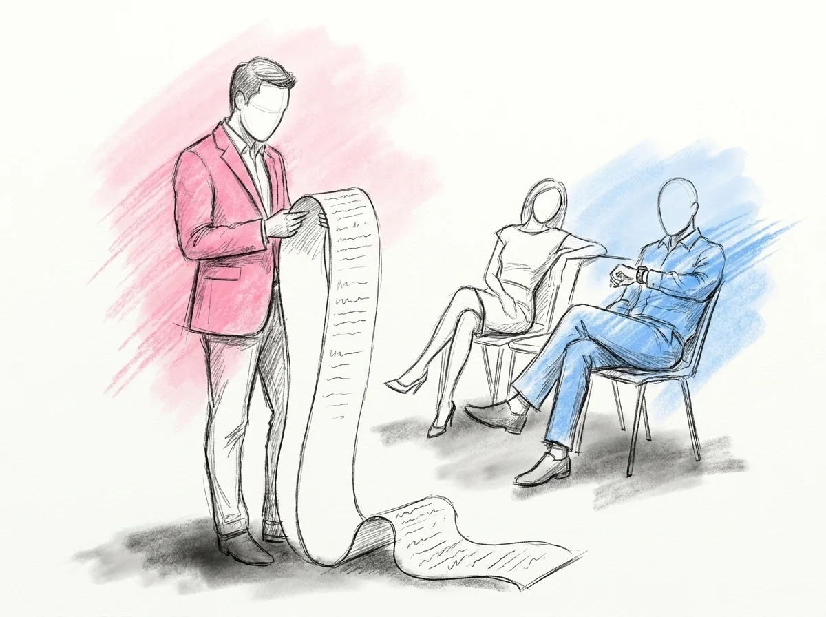En talare kastar en blick på en alldeles för lång utrullad pappersremsa medan ett par gäster kollar klockan — den milda komiken i ett tal som drog över tiden, i Lovios rosa och blå illustrationsstil