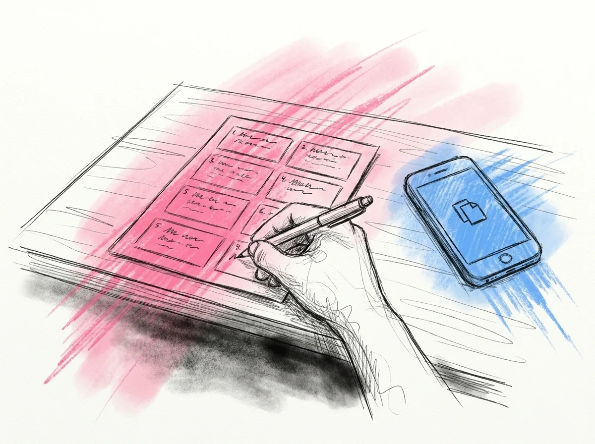 Ett tryckt ark med numrerade one-liner-kort på ett bord, en hand som markerar en favoritrad med penna och en telefon bredvid som visar en kopiera-ikon, i Lovios rosa och blå illustrationsstil