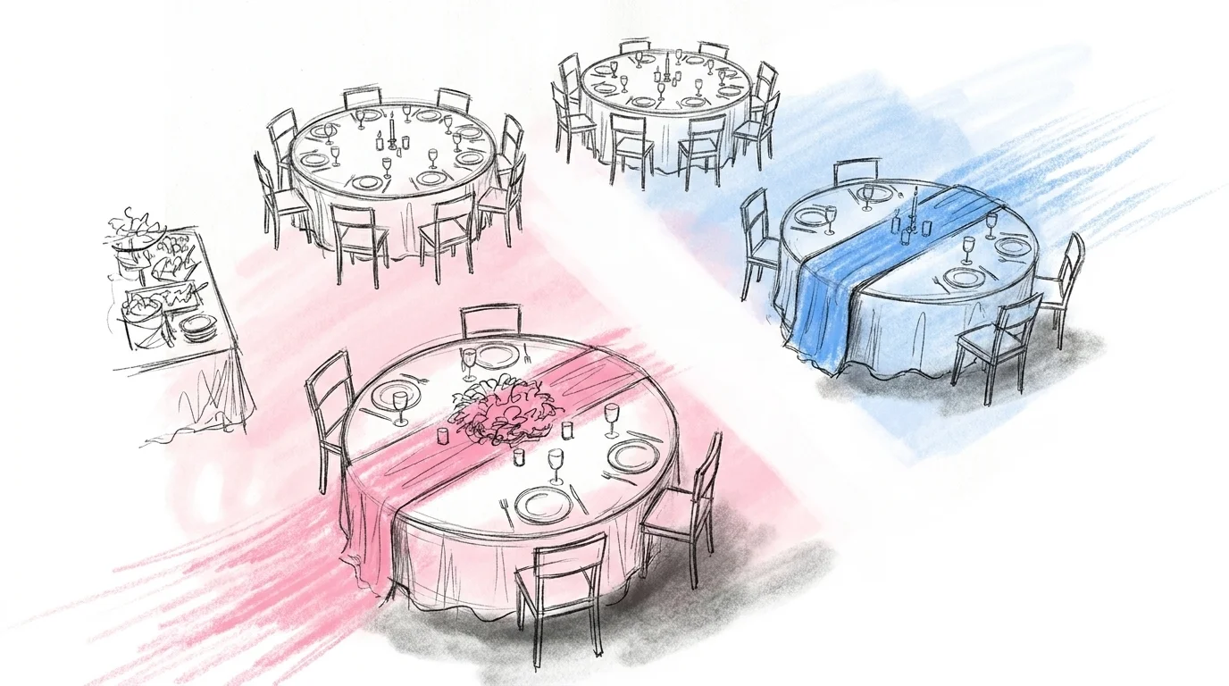 Fågelperspektiv av en bröllopslokal med flera dukade runda bord, gångar mellan borden och låga blomsteruppställningar i mitten av varje bord, i Lovios rosa och blå illustrationsstil