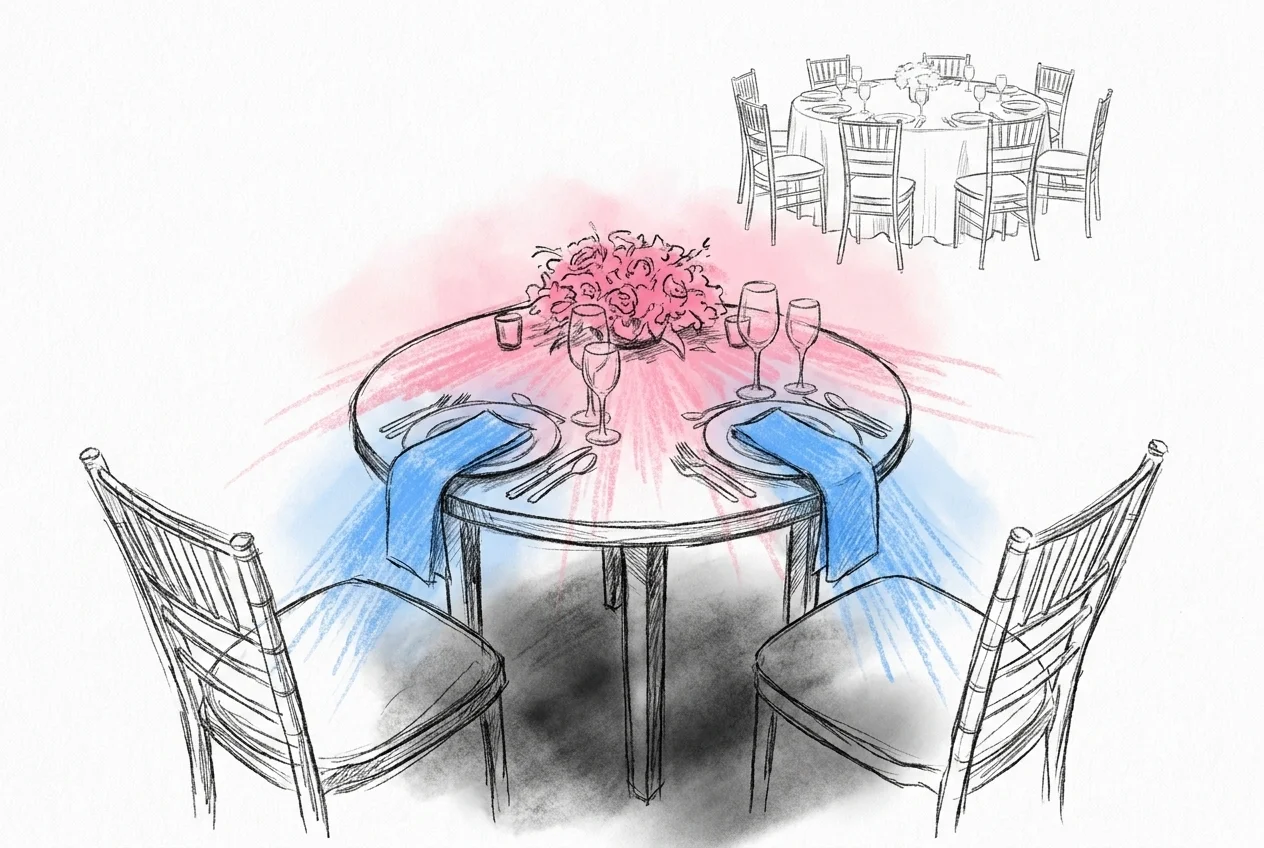 Litet sweetheart-rundbord i förgrunden med två stolar mot varandra och en låg blomsteruppställning, ett större gästrundbord skymtar i bakgrunden, i Lovios rosa och blå illustrationsstil
