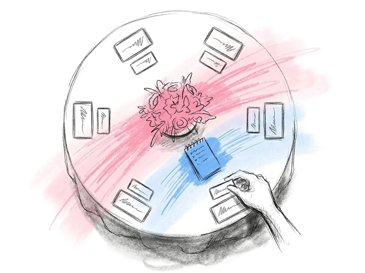 Ovanifrån-bild av ett runt bord med åtta placeringskort utlagda i ett tydligt mönster, par mittemot varandra i alternerande arrangemang, en hand placerar ett av korten, i Lovios rosa och blå illustrationsstil