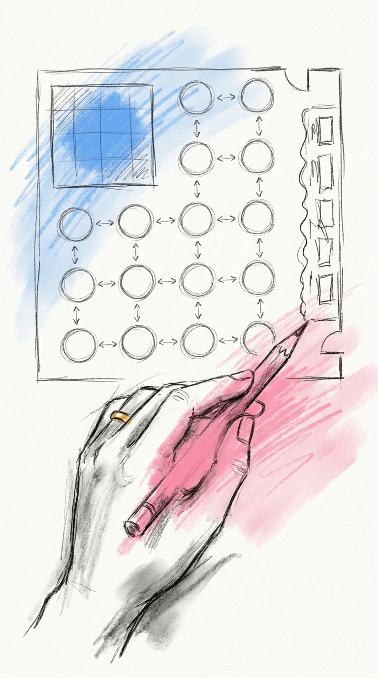 Planritning ovanifrån av en bröllopslokal med runda bord utlagda i ett rutnät och måttsiffror noterade mellan borden, hand med penna som antecknar ett tal, i Lovios rosa och blå illustrationsstil