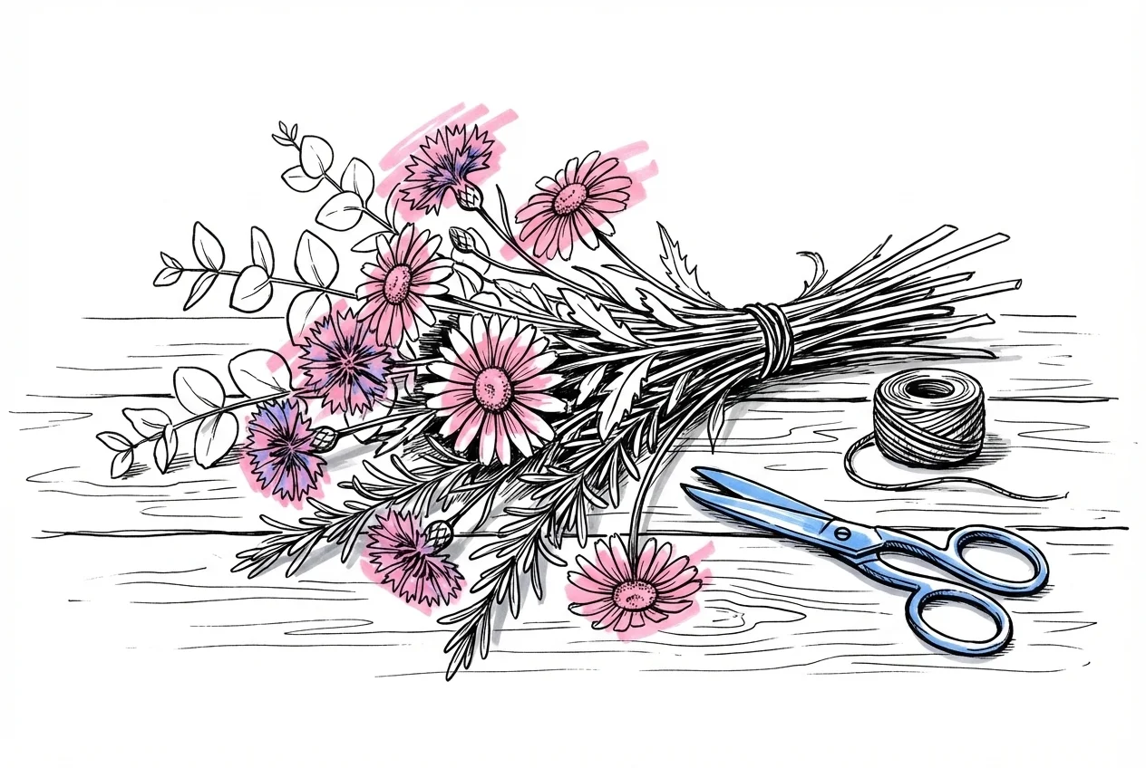 Lös vildblombukett liggande på träyta med prästkragar, klint, eukalyptus, rosmarin och dahlia, sax och jutesnöre bredvid