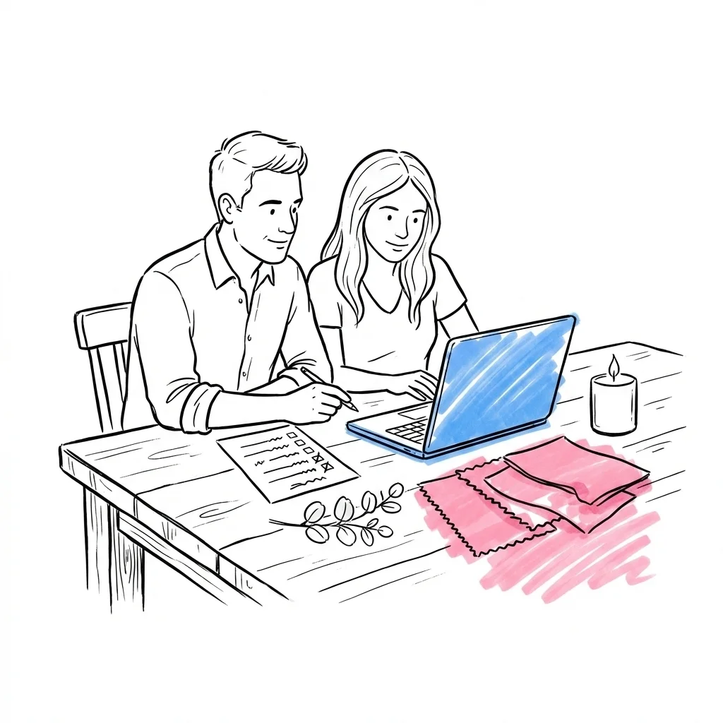 Par vid köksbord med laptop, checklista, eukalyptuskvist, stearinljus och tygprover — lugn planeringsscen