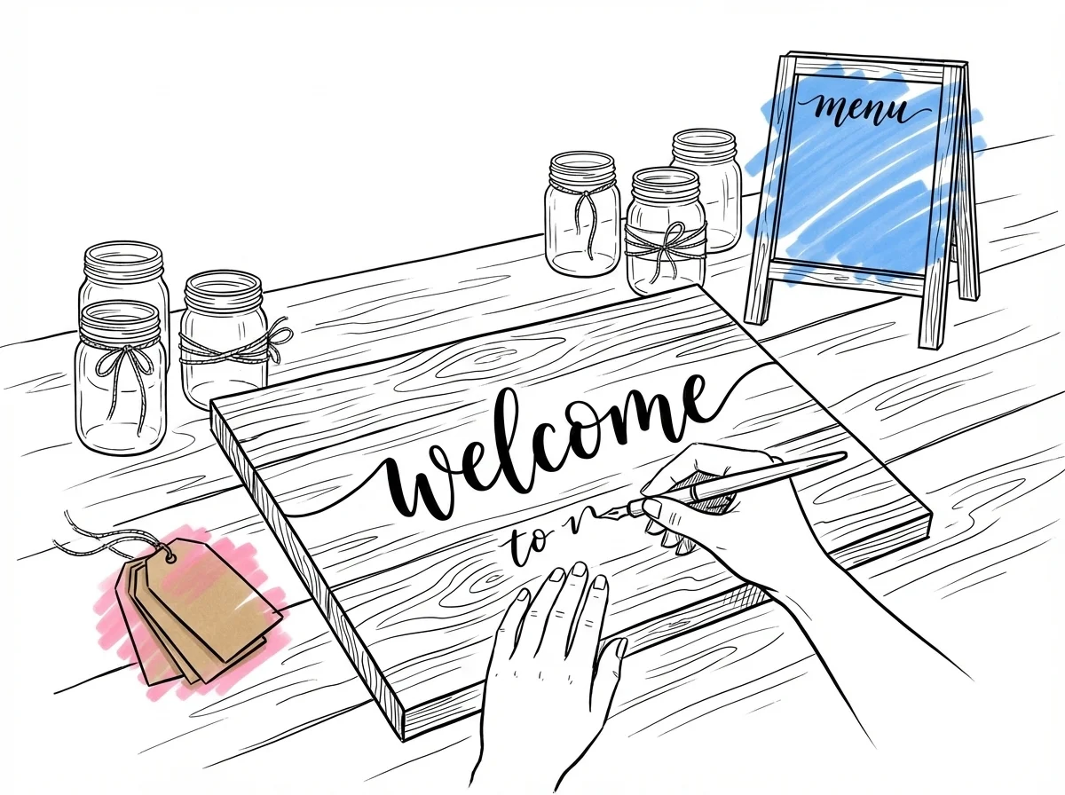 Hantverksyta med pågående DIY-bröllopsprojekt: träskylt som målas, glasburkar med jutesnöre, krittavla och kraftpappers-etiketter