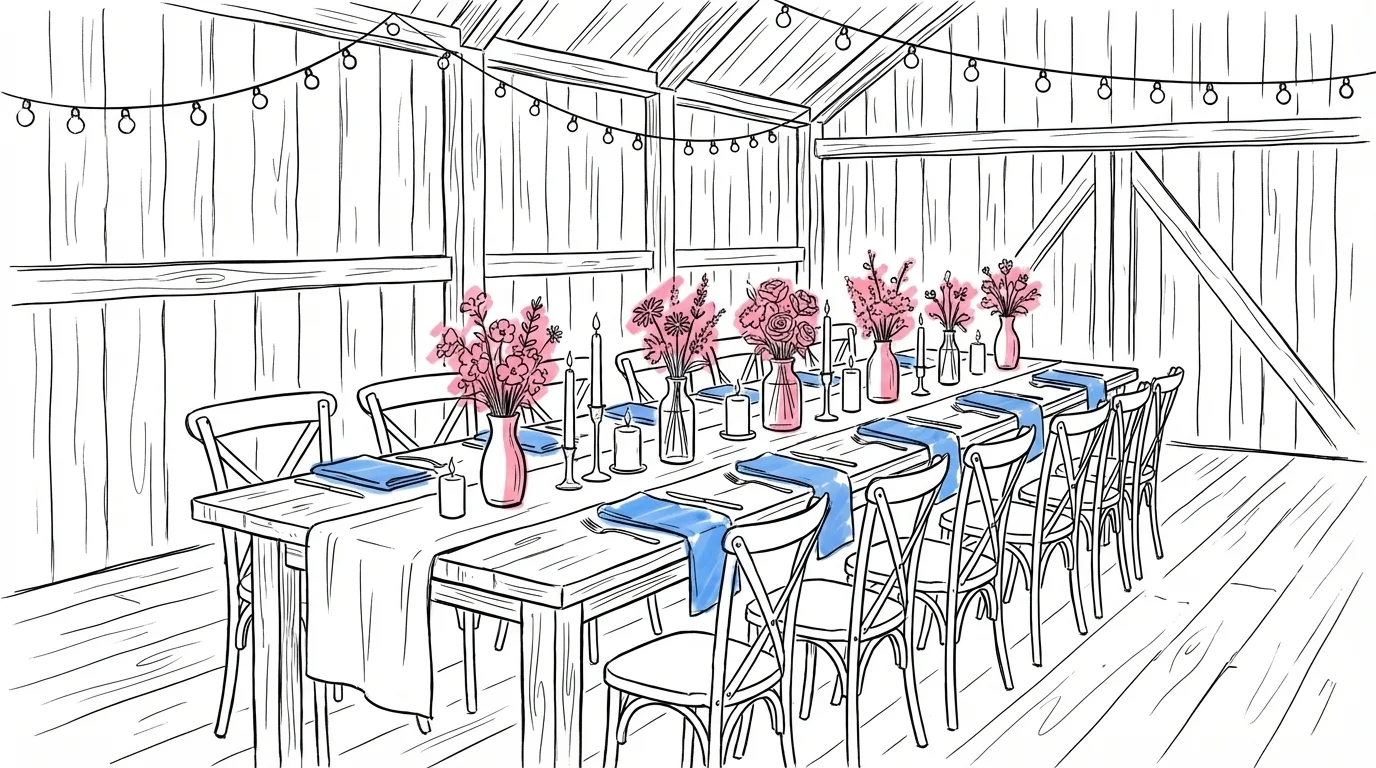 Långbord i lada dukat med linnedukar, levande ljus i kluster, vildblommor i mismatched vaser och ljusslingor i taket