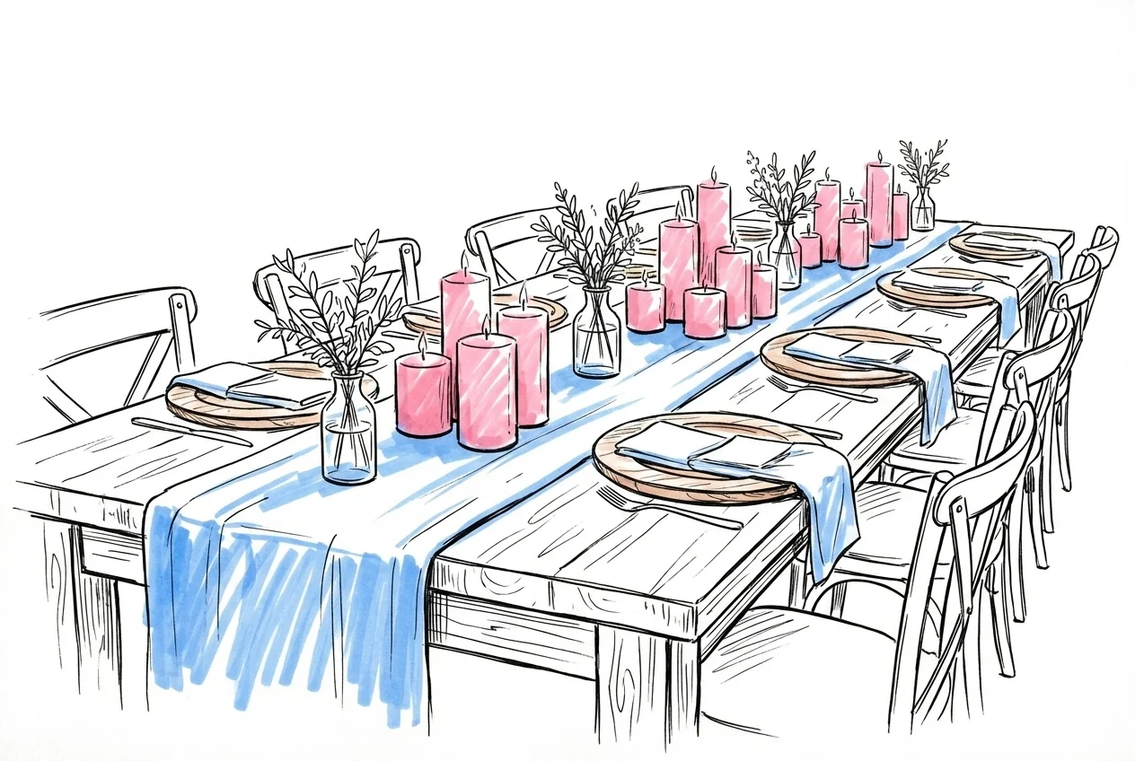 Närbild nedåt ett dukat långbord med sned linne-löpare, ljuskluster i olika höjder, trä-underlägg och små glasvaser med grönt