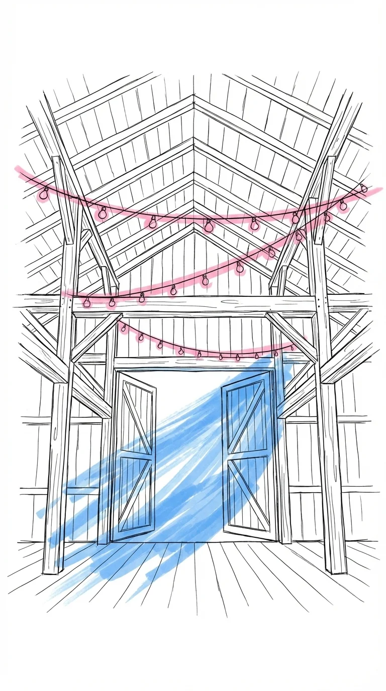 Interiör av en lada sedd underifrån med exponerade träbjälkar och ljusslingor dragna mellan balkarna