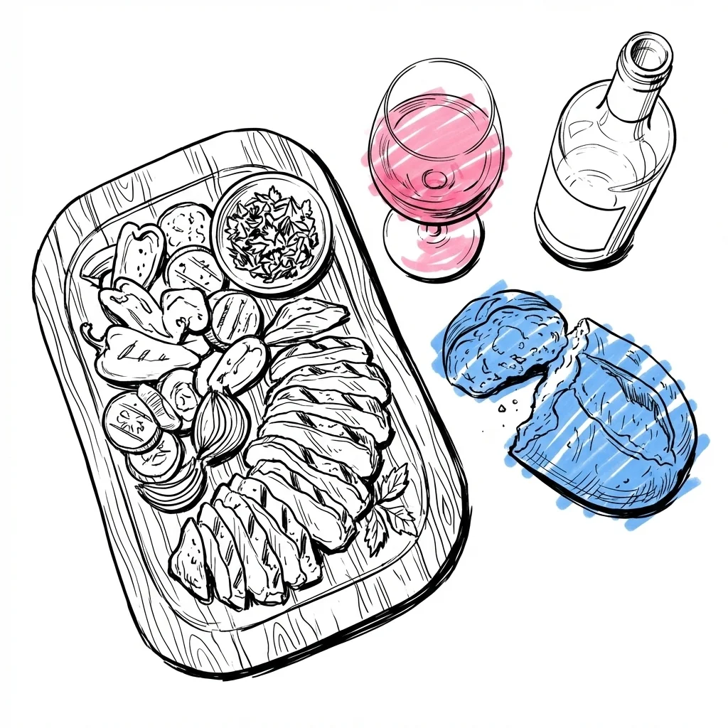 Stort delningsfat ovanifrån med skivat grillat kött, rostade grönsaker, rivbröd och örter, ett vinglas och ciderflaska bredvid