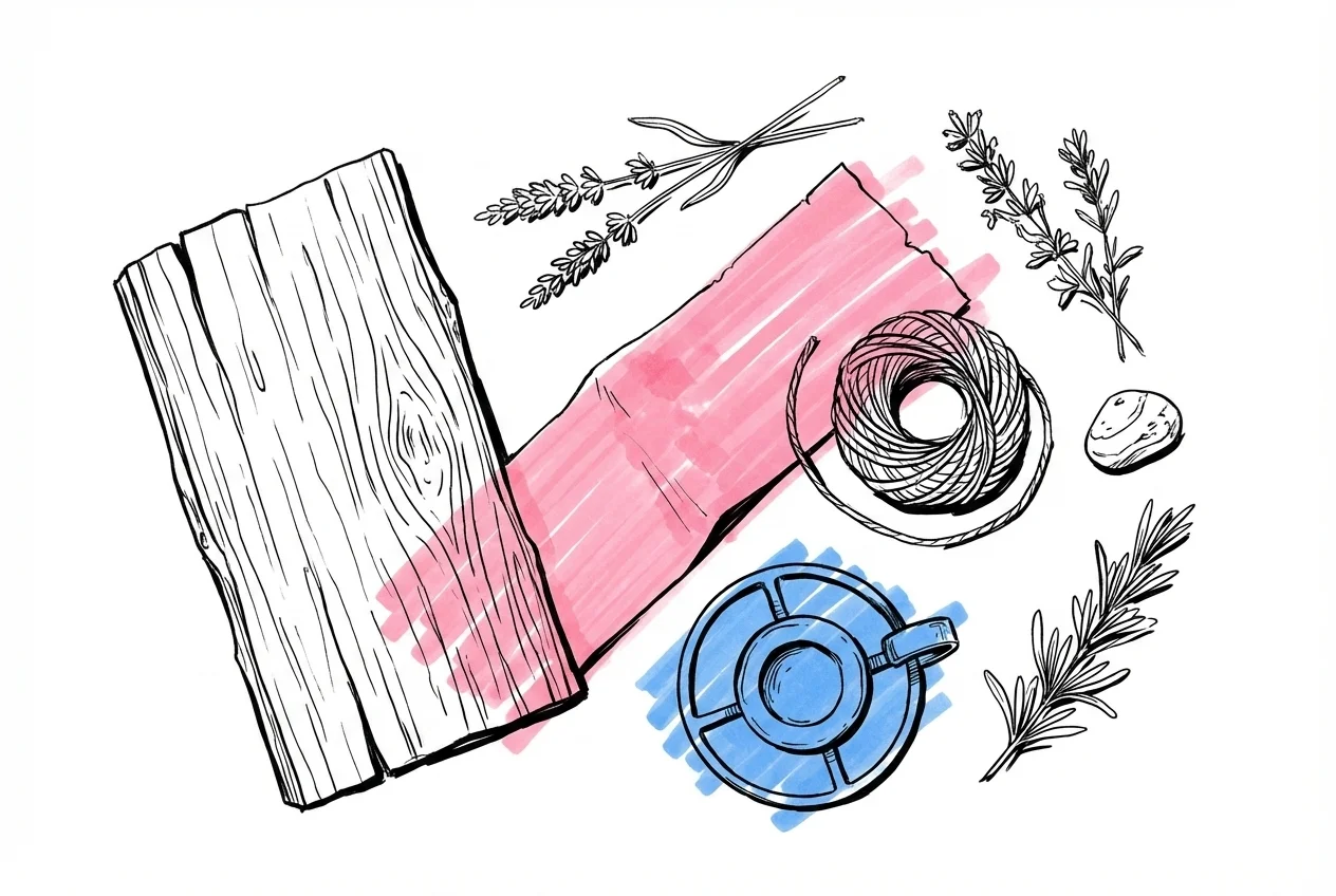 Flat lay av rustika bröllopsmaterial: grovt trä, linnetyg, jutesnöre, smidesljushållare, torkade örter och en sten