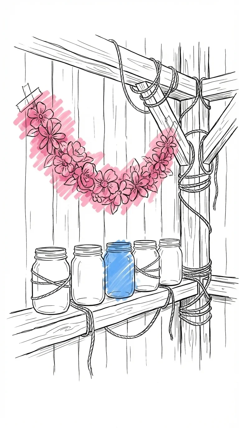 Överdekorerat hörn av en lada med för mycket jute, identiska glasburkar i rad och plastblomgirlang på väggen