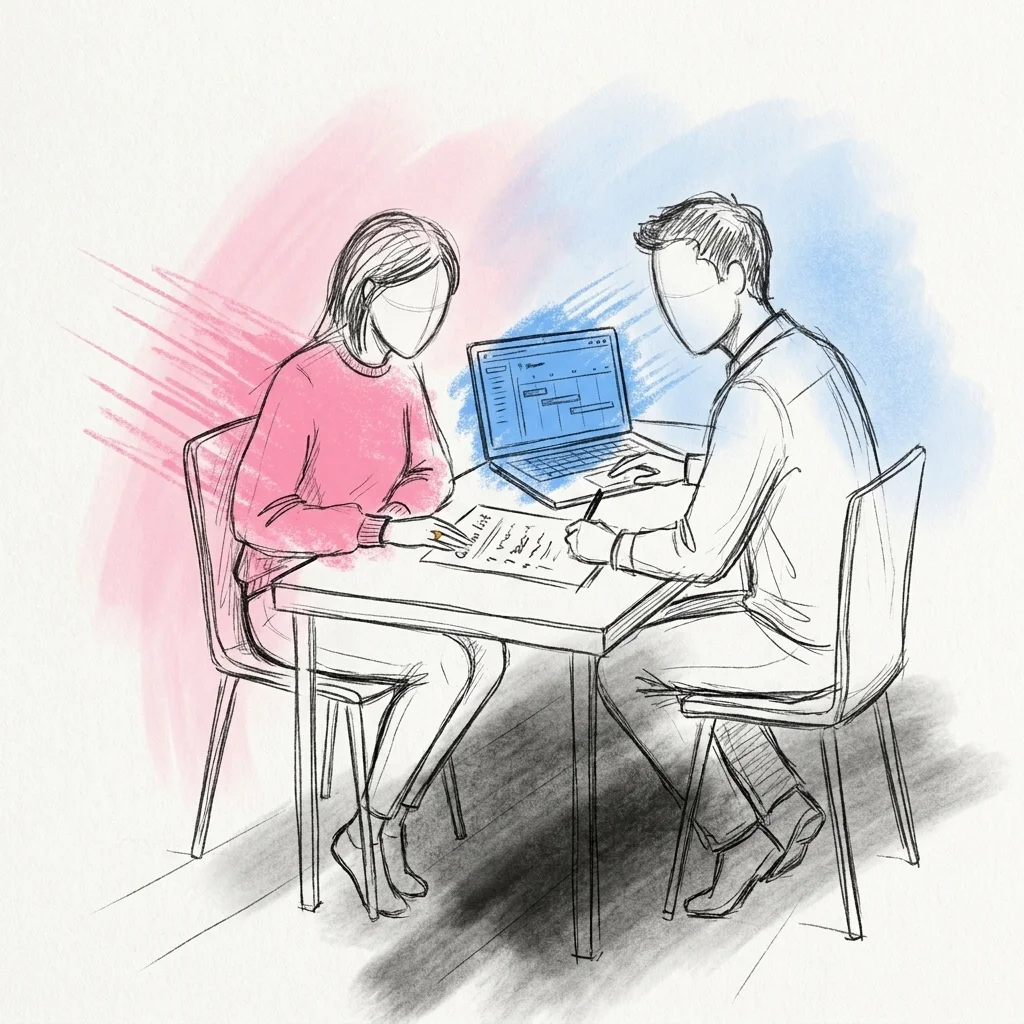 Par som sitter sida vid sida vid ett bord och går igenom en utskriven frågelista tillsammans med en laptop som visar en digital tidslinje bredvid, i Lovios rosa och blå illustrationsstil