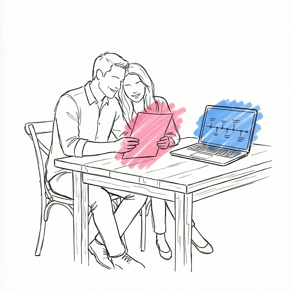 Par som sitter sida vid sida vid ett bord och går igenom en utskriven frågelista tillsammans med en laptop som visar en digital tidslinje bredvid, i Lovios rosa och blå illustrationsstil