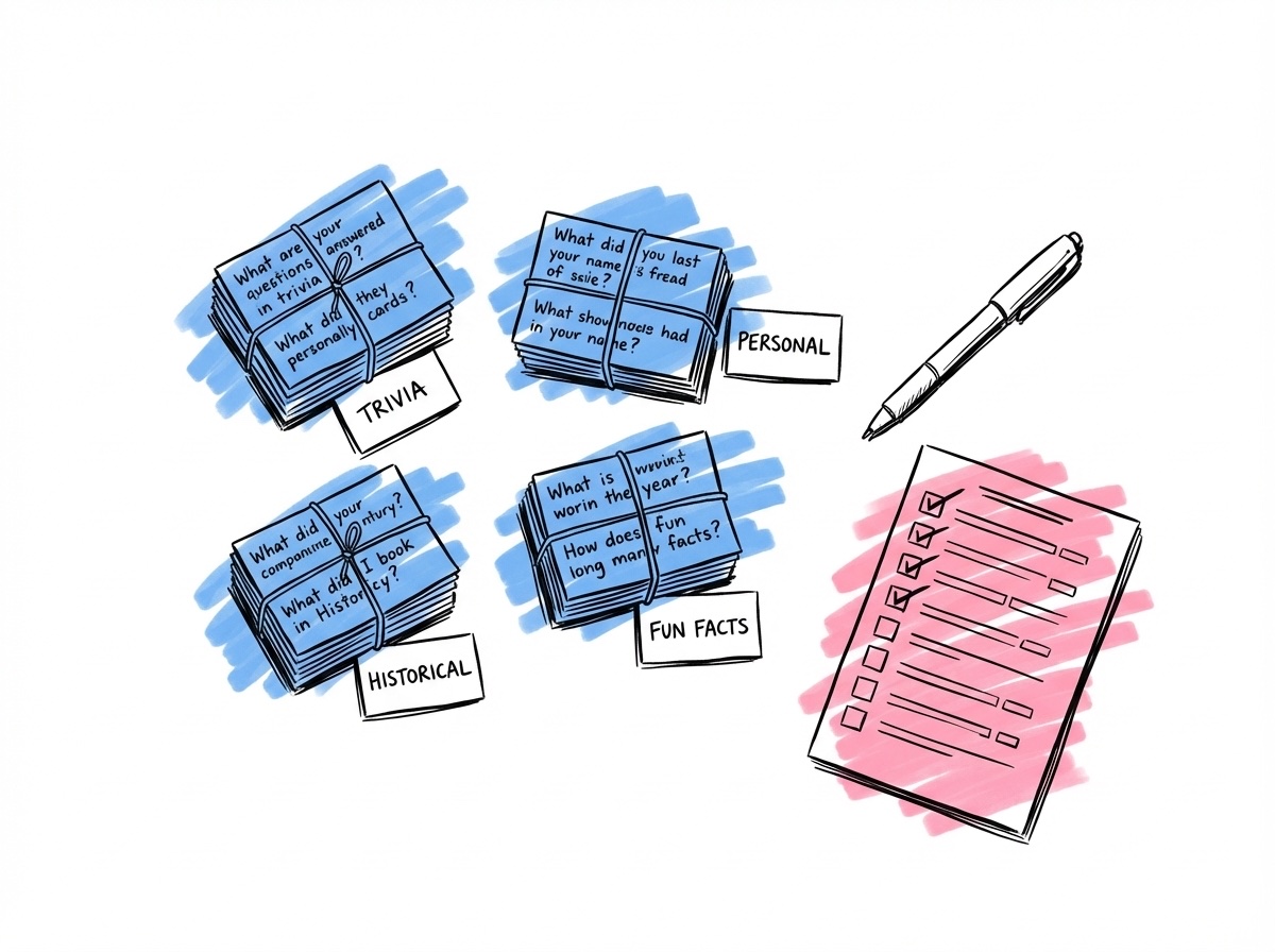 Frågekort arrangerade i grupper på ett bord med kategorilappar bredvid, en penna och en checklista där några frågor är markerade, i Lovios rosa och blå illustrationsstil