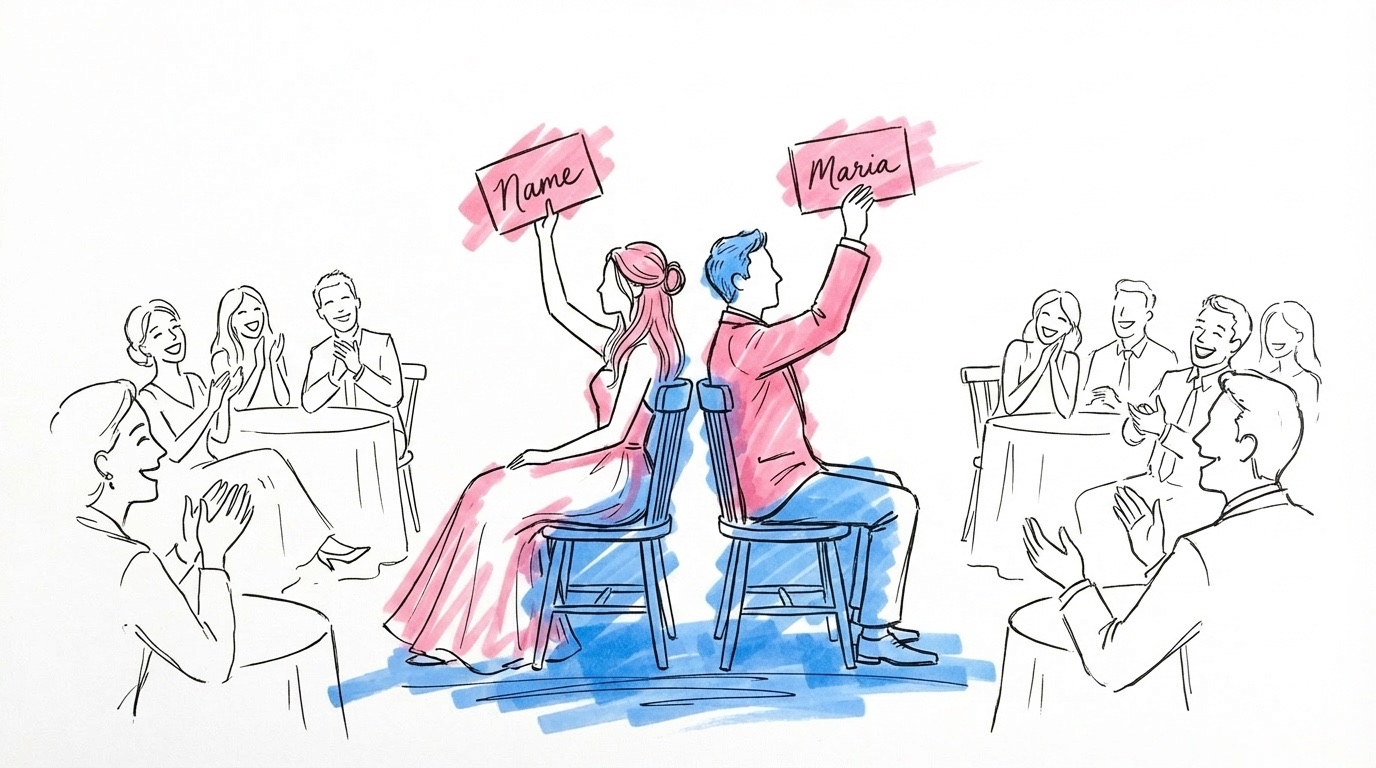 Brudpar som sitter rygg mot rygg på stolar och håller upp namnskyltar medan gäster vid runda bord skrattar i bakgrunden, i Lovios rosa och blå illustrationsstil