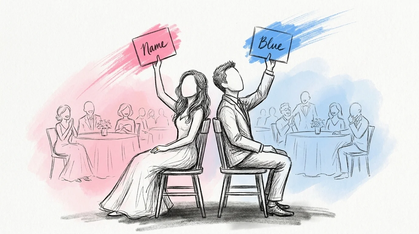 Brudpar som sitter rygg mot rygg på stolar och håller upp namnskyltar medan gäster vid runda bord skrattar i bakgrunden, i Lovios rosa och blå illustrationsstil