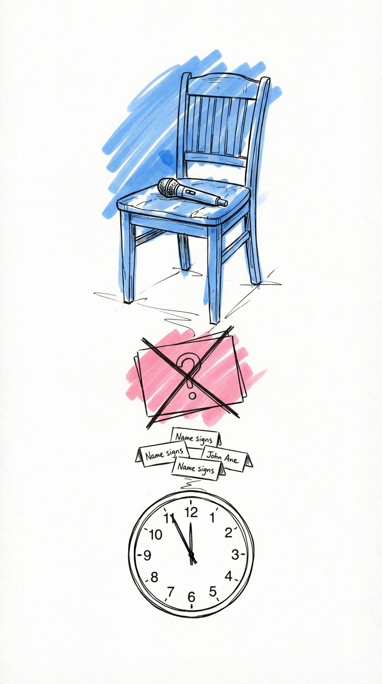 Stilleben med en mikrofon som ligger på en tom stol, ett överstruket frågekort, små handskrivna skyltar som är svåra att läsa och en klocka på väggen som visar sen tid, i Lovios rosa och blå illustrationsstil