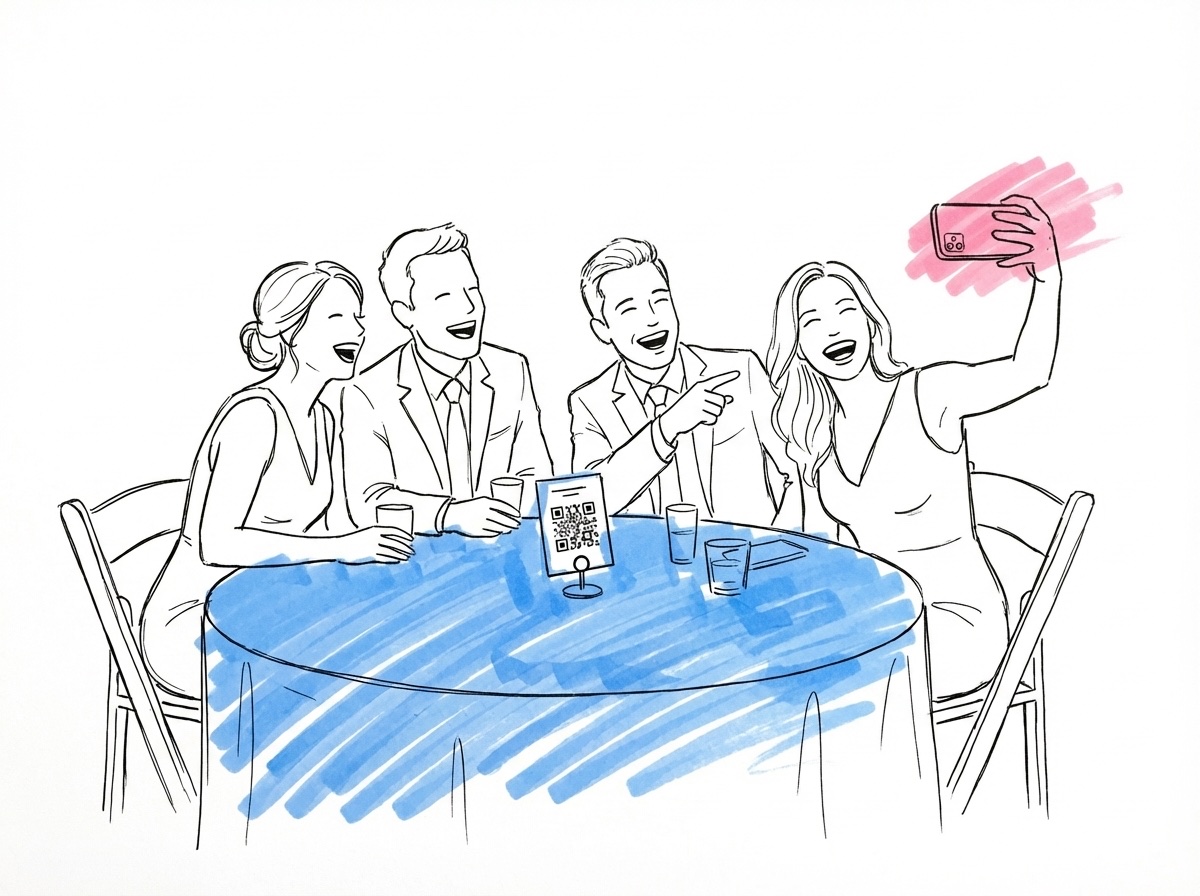 Bröllopsgäster vid ett bord som skrattar och pekar mot brudparet, en gäst håller upp en telefon för att fota och en liten QR-kod-skylt står på bordet, i Lovios rosa och blå illustrationsstil