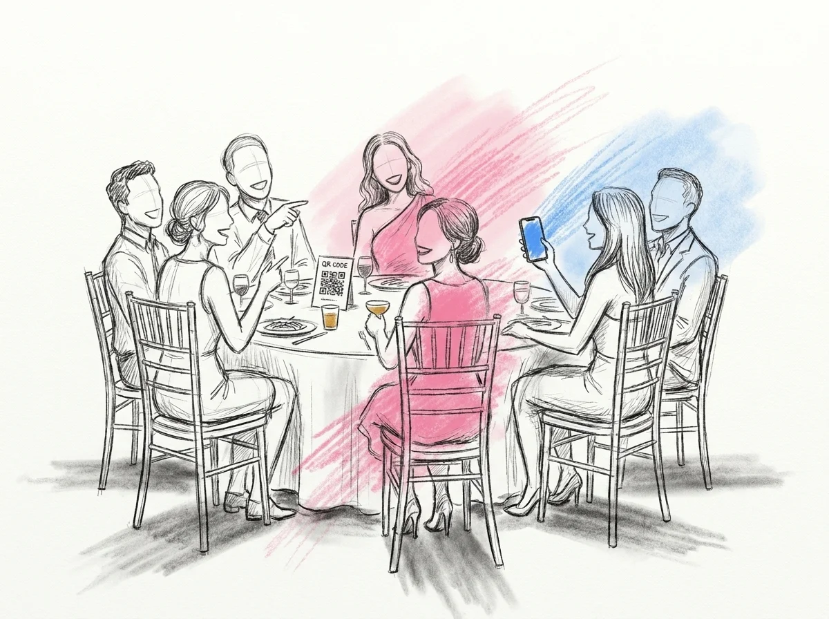 Bröllopsgäster vid ett bord som skrattar och pekar mot brudparet, en gäst håller upp en telefon för att fota och en liten QR-kod-skylt står på bordet, i Lovios rosa och blå illustrationsstil