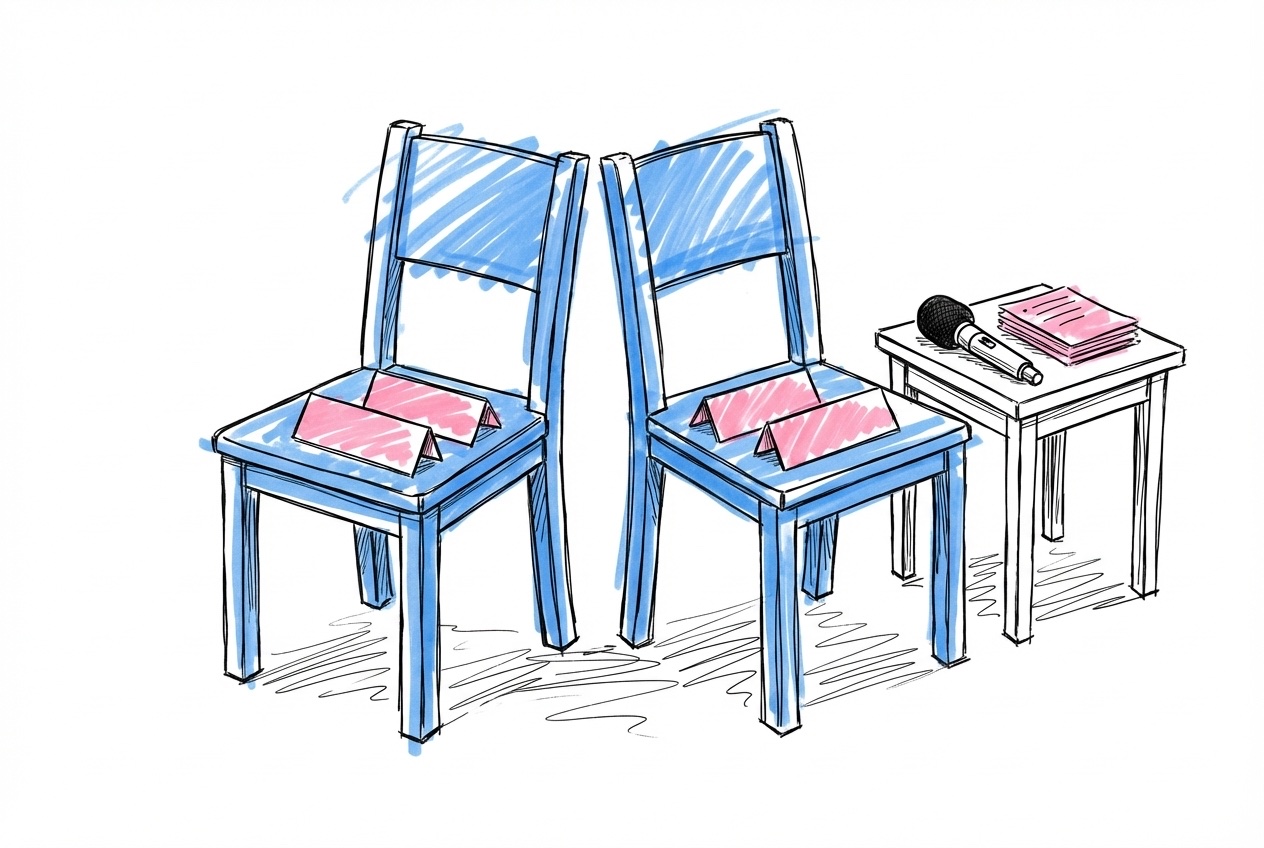 Två stolar placerade rygg mot rygg med laminerade namnskyltar på sätena, en trådlös mikrofon och frågekort på ett sidebord, i Lovios rosa och blå illustrationsstil