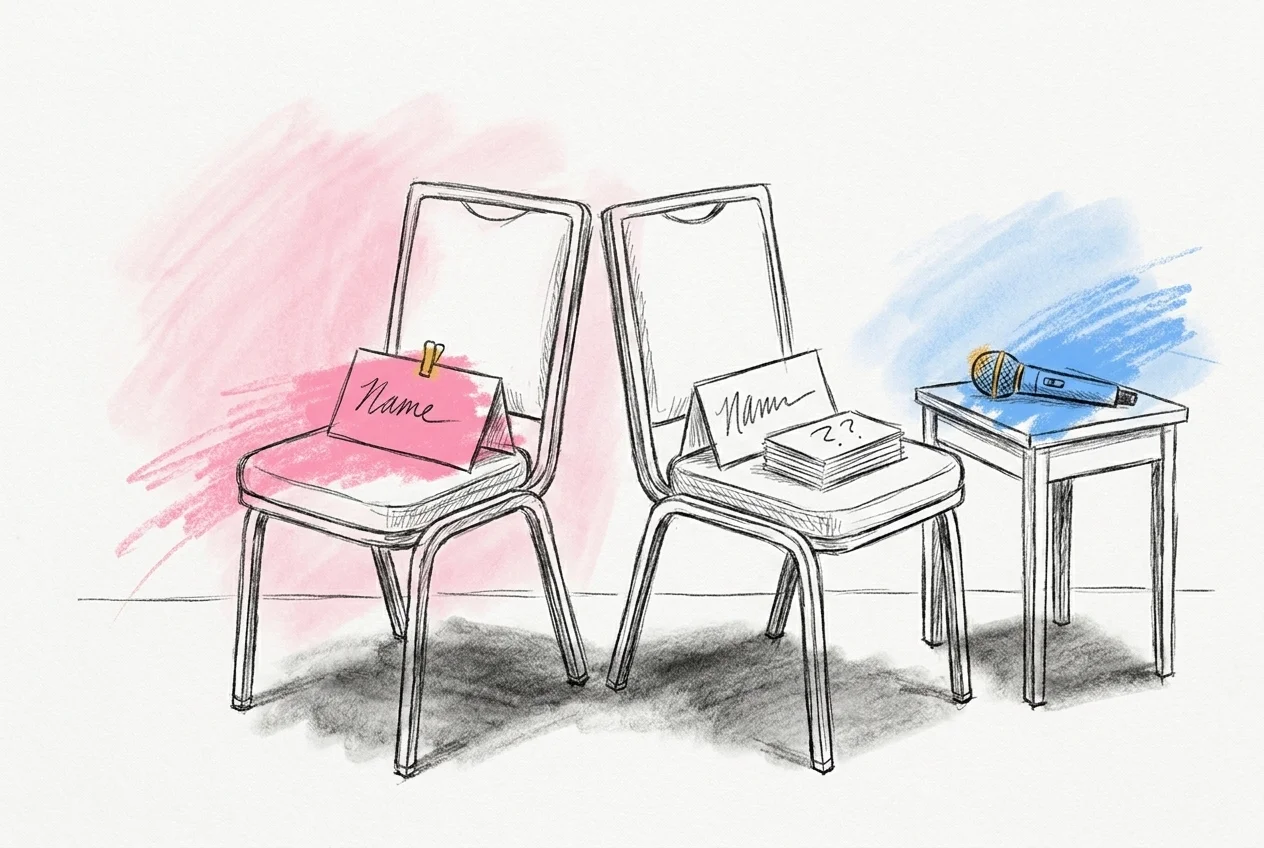 Två stolar placerade rygg mot rygg med laminerade namnskyltar på sätena, en trådlös mikrofon och frågekort på ett sidebord, i Lovios rosa och blå illustrationsstil