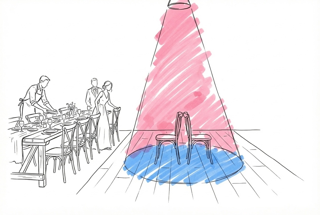 Festlig middagsscen sett från sidan med tallrikar som plockas undan och två tomma stolar som väntar mitt på dansgolvet under en spotlight, i Lovios rosa och blå illustrationsstil