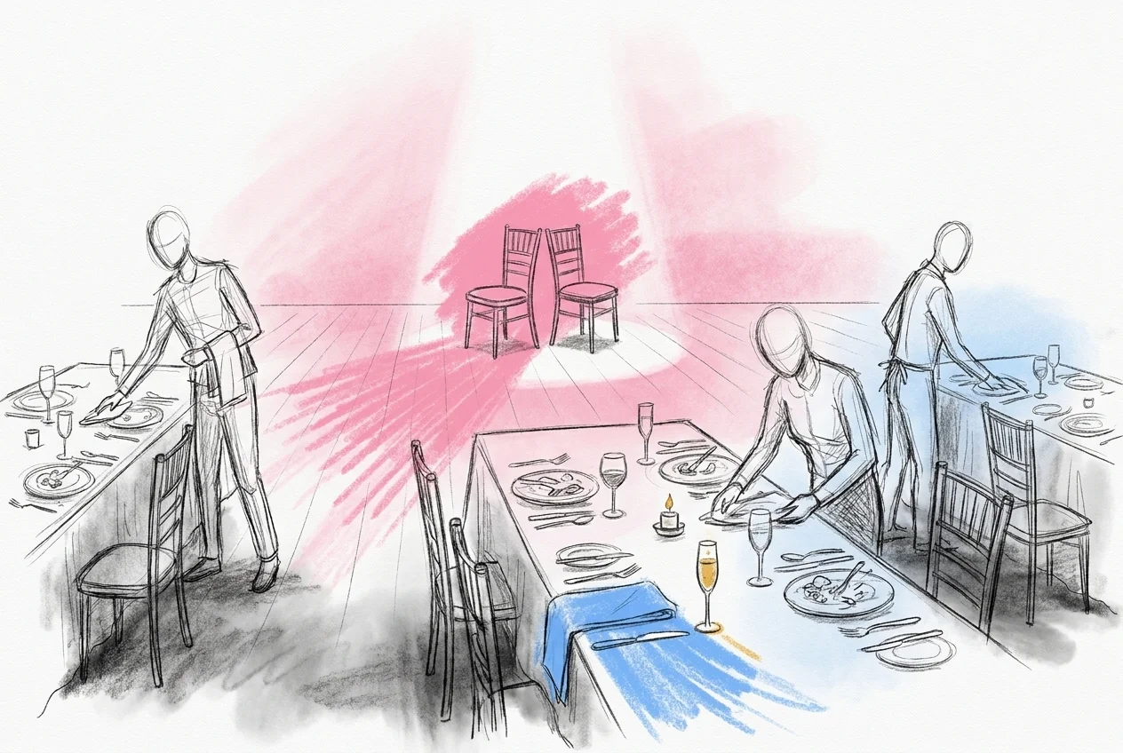 Festlig middagsscen sett från sidan med tallrikar som plockas undan och två tomma stolar som väntar mitt på dansgolvet under en spotlight, i Lovios rosa och blå illustrationsstil