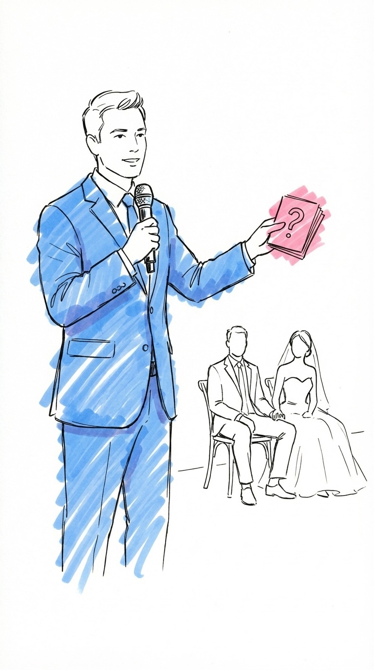 Toastmaster med mikrofon i ena handen och frågekort i den andra, gestar mot publiken medan brudparet syns på stolar i bakgrunden, i Lovios rosa och blå illustrationsstil