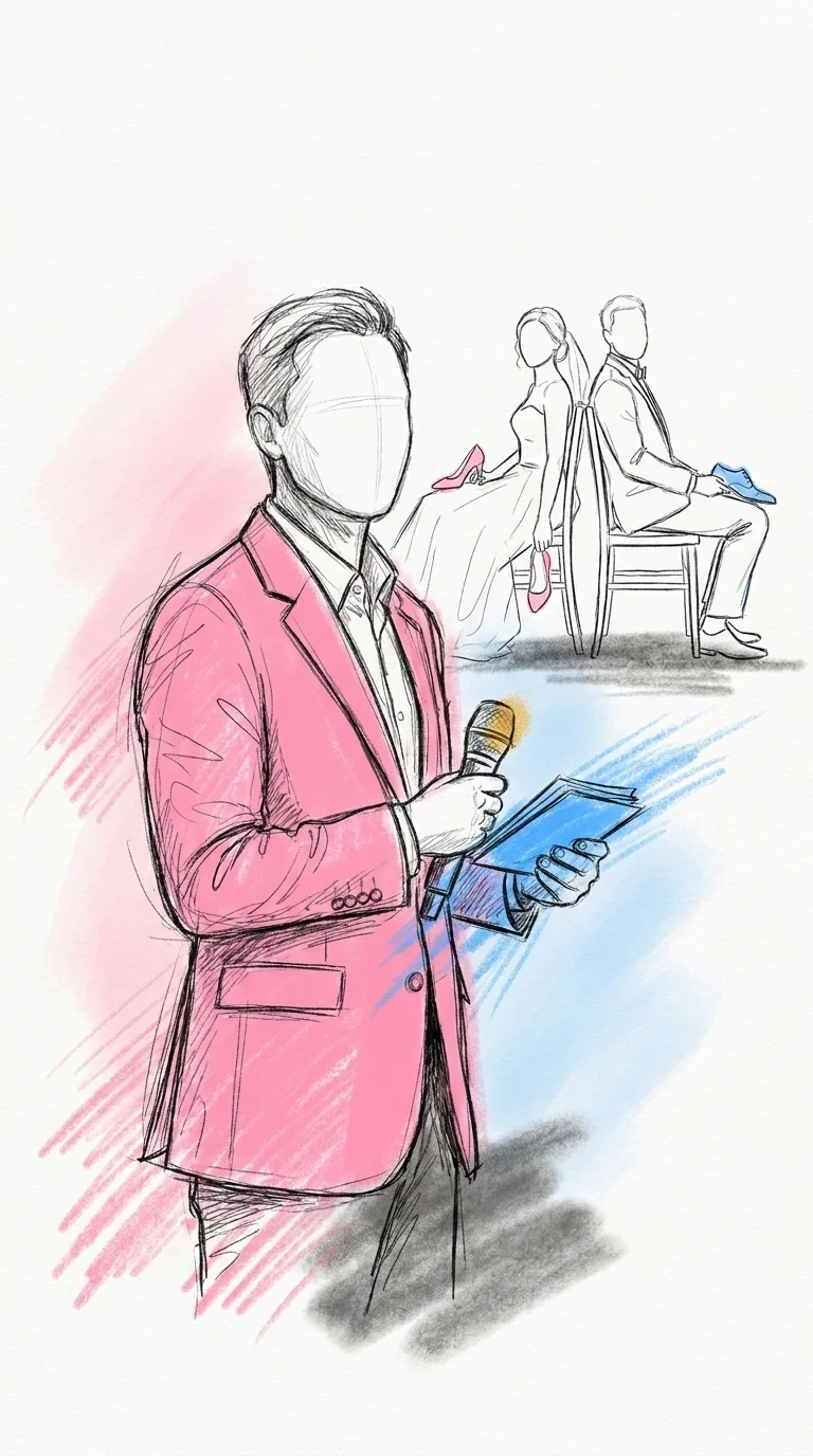 Toastmaster med mikrofon i ena handen och frågekort i den andra, gestar mot publiken medan brudparet syns på stolar i bakgrunden, i Lovios rosa och blå illustrationsstil