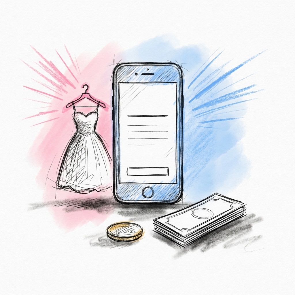 En mobil med en budgetlista, ett mynt och en liten brudklänning på galge bredvid, i Lovios rosa och blå illustrationsstil