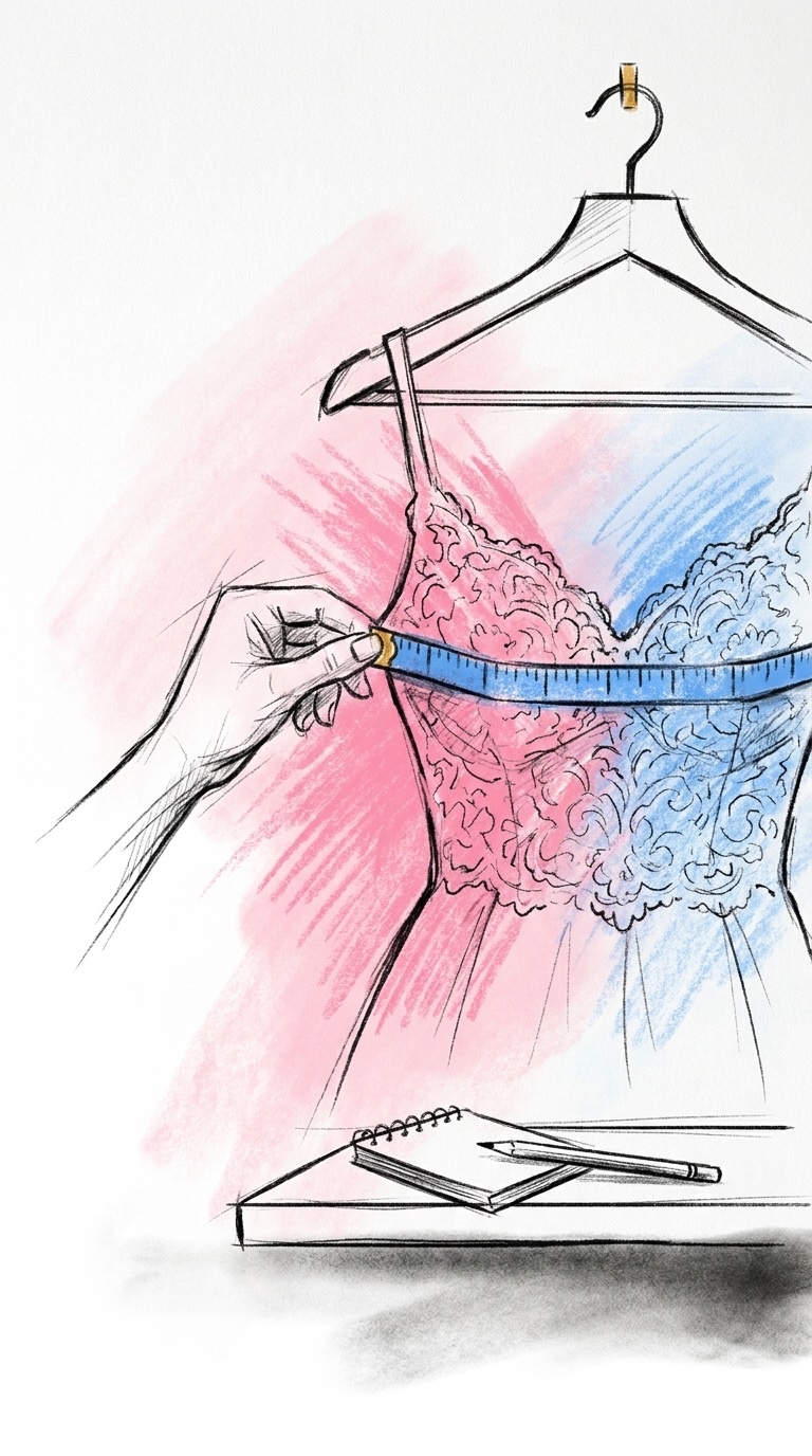 En hand mäter bysten på en brudklänning med måttband, med ett anteckningsblock och en penna bredvid, i Lovios rosa och blå illustrationsstil