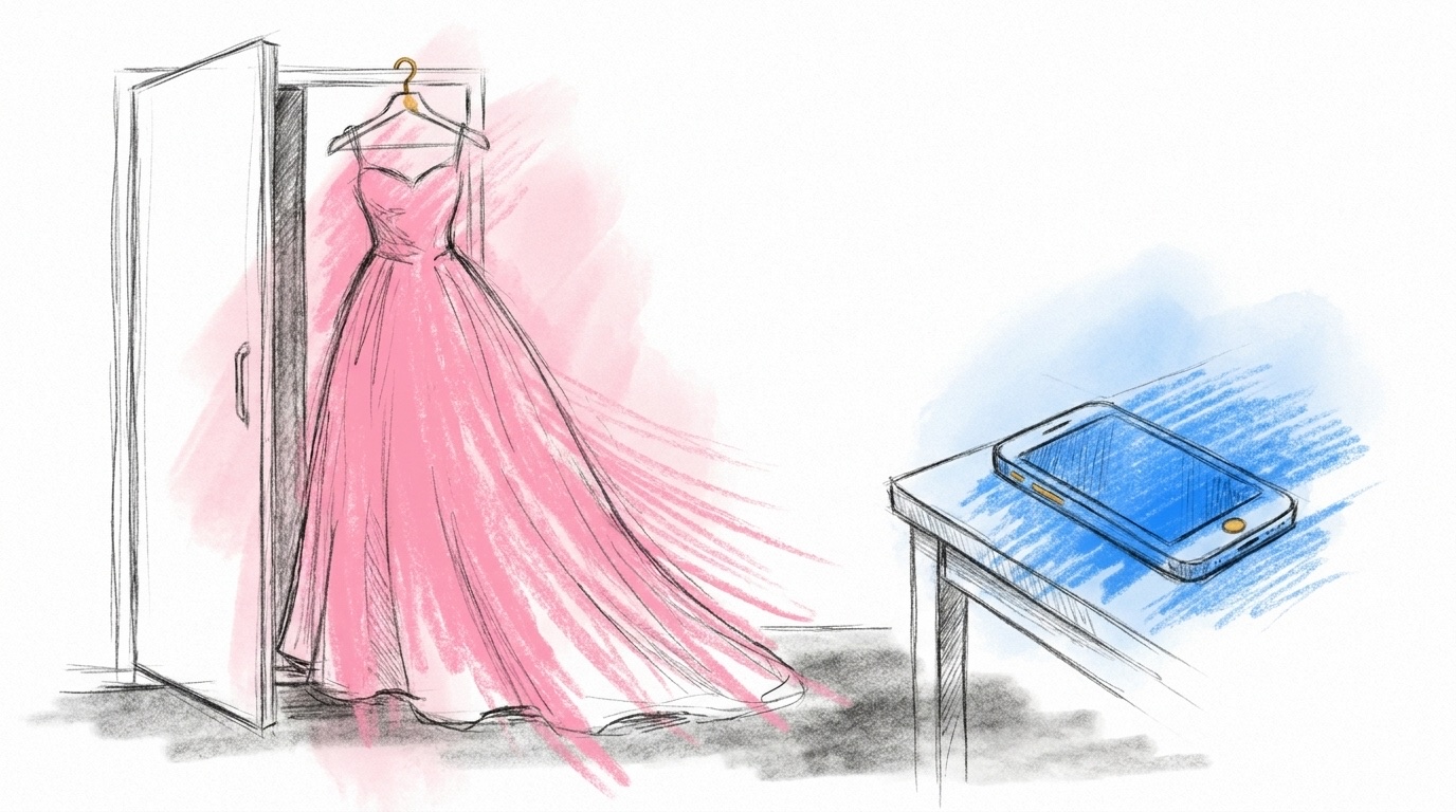 Sälja brudklänning: en brudklänning på galge vid en öppen garderobsdörr och en mobil på ett bord, i Lovios rosa och blå illustrationsstil