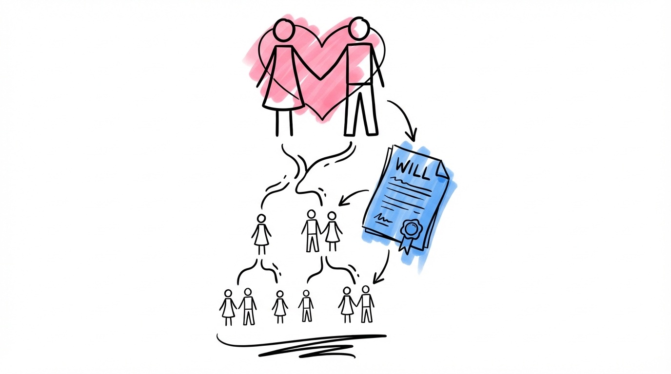 Släktträd med arvsflöden, hjärtsymbol och testamentsdokument