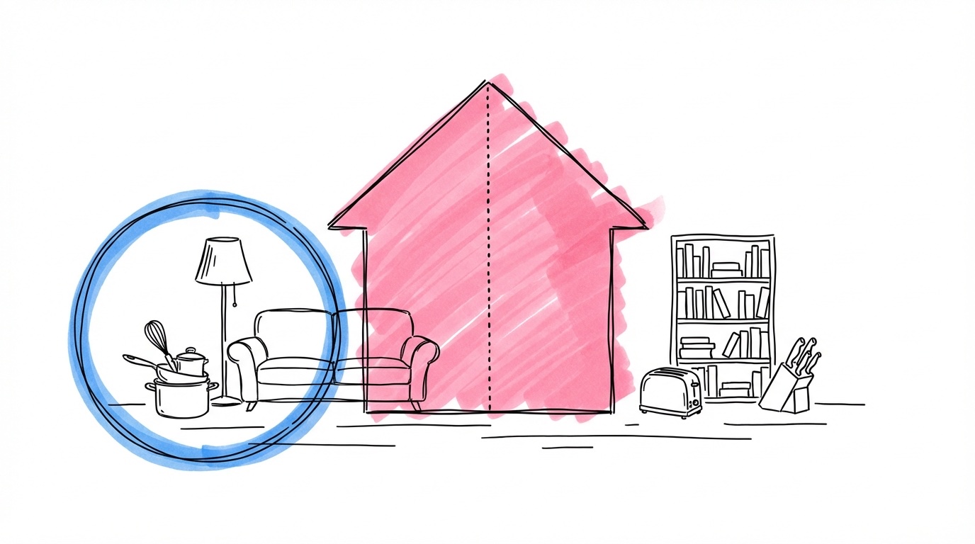 Hus som delas med olika ägodelar — vissa inom en cirkel, andra utanför