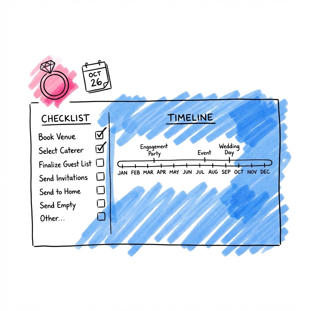 Dashboard med bröllopsplanering, checklistor och tidslinje