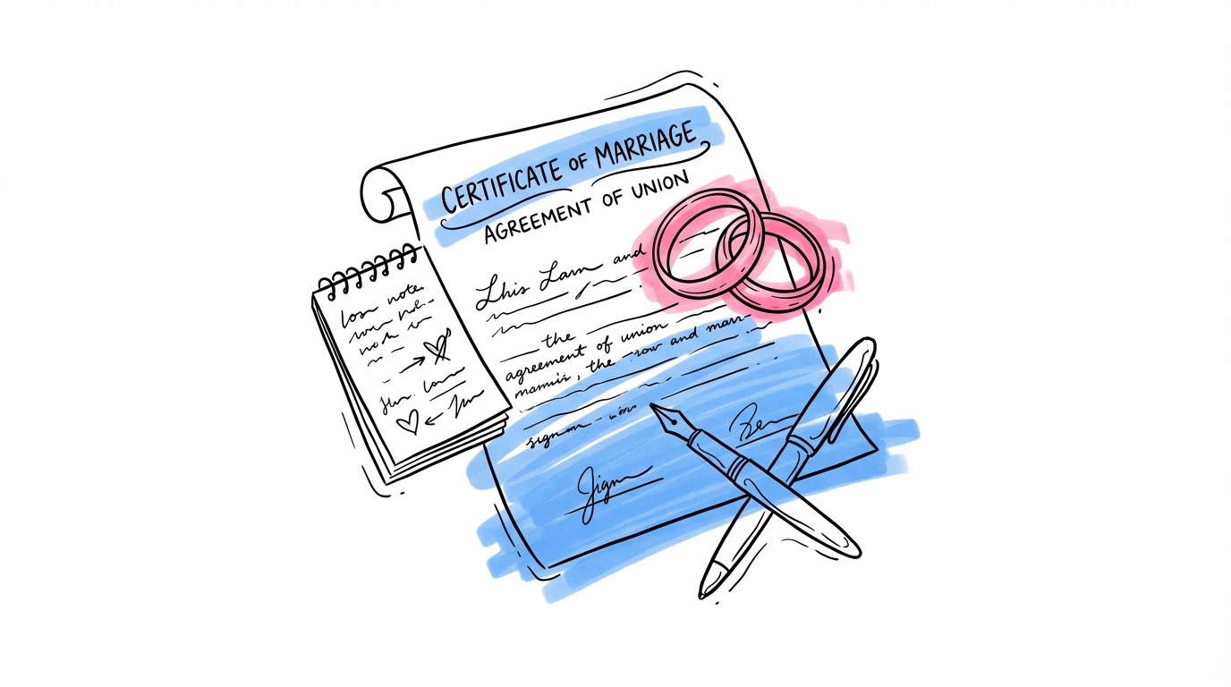 Avtalsdokument med två pennor redo att signera, vigselringar ovanpå