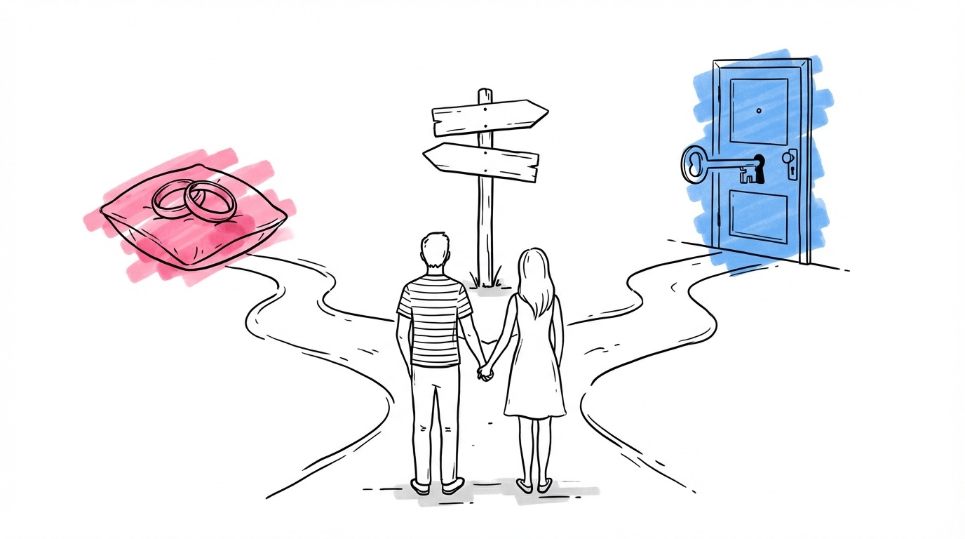 Illustration av ett par vid ett vägskäl — en väg leder till en vigselring, den andra till en nyckel som symboliserar samboskap
