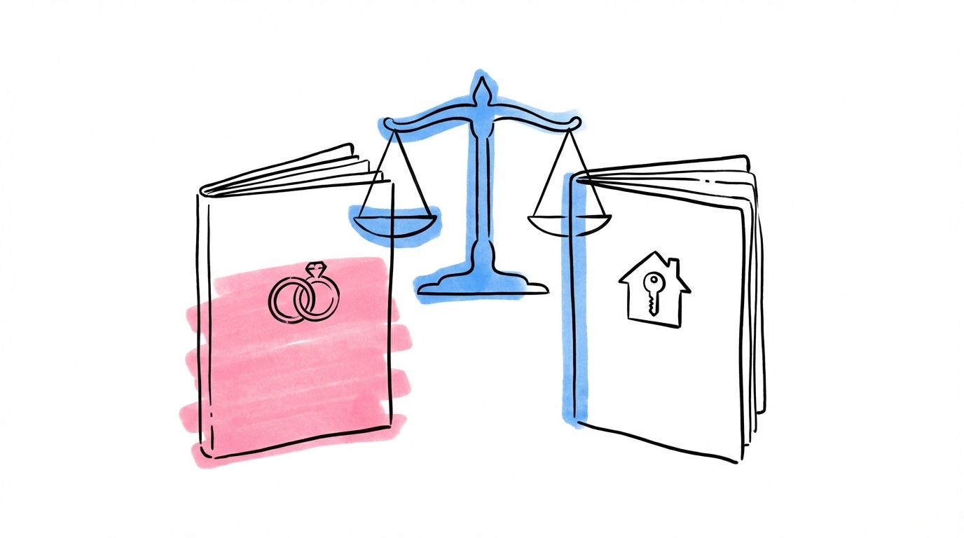 Två lagböcker sida vid sida — en med en ringsymbol och en med en hussymbol, med en balansvåg emellan